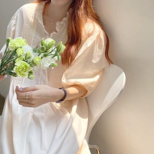 2020 Women Summer Vintage Lace V Neck Loose Beige Long Shirt Dress Vertical-folds Puff Sleeve Midi Dresses