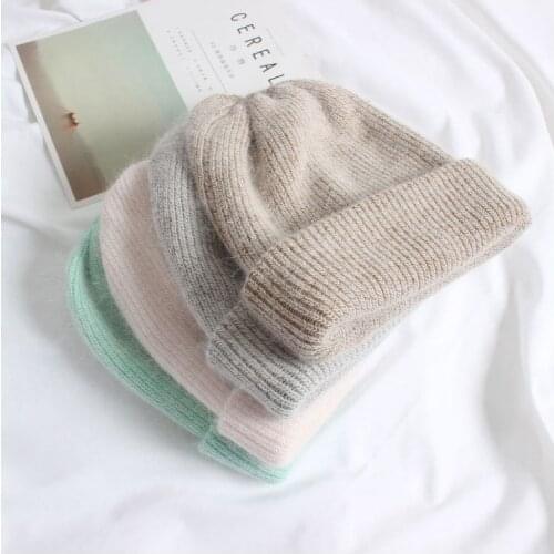 Rabbit Fur Winter Hat for Women Solid Beanie Cashmere Wool Cap Female Knitted Skullies Beanies Warm Soft Knit Hat Bonnet