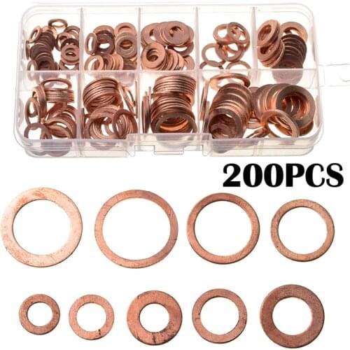 200pcs M5-M14 Solid Copper Washers Flat Ring Sump Plug Oil Seal Gasket Assorted Set Professional Hardware Accessories Kit