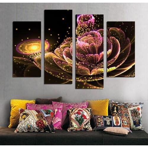 4 Pcs Abstract Glod Flower Canvas Painting Large Flower Wall Art Painting Wall Pictures For Living Room Unframed