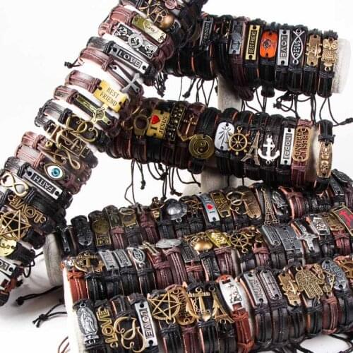 50PCs/Lot Handmade Mens Womens Black Brown Surfer Leather Cuff Bracelets Jewelry