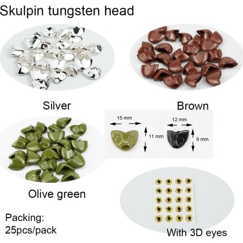 Aventik 25pcs Skulpin Tungsten Realistic Fishing Heads Tube Flies Fly Fishing Beads Silver Brown Green With 3D Yellow Eyes