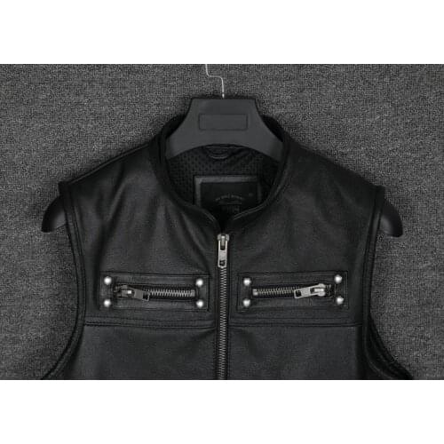 Biker Real Mens Stand Collar Zipper Pockets Motorcycle Vest Jackets Waistcoat Genuine Cow Leather Black Slim