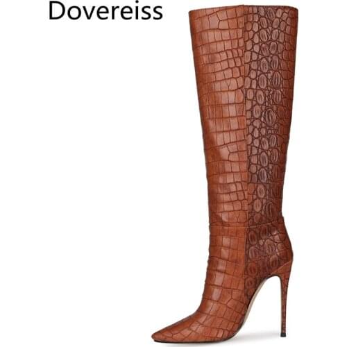 Dovereiss Fashion Female boots Winter Elegant new consice Stilettos heels Brown Pointed toe Knee high boots big size 43
