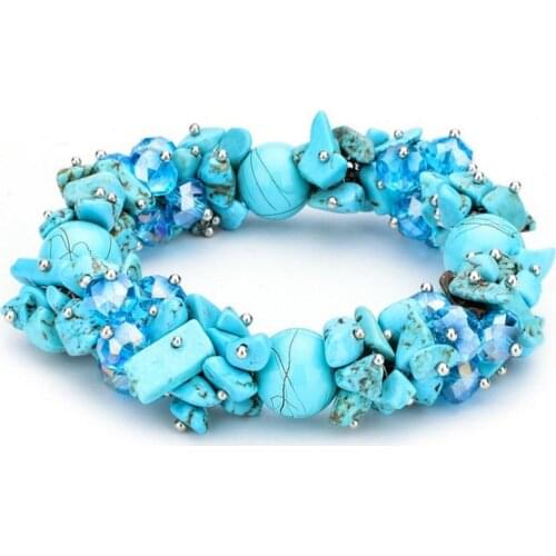 FYSL Handmade Weave Irregular Shape Green Turquoises Stone Elastic Bracelet Rose Pink Quartz Jewelry