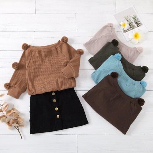Girls Solid Color Cotton Round Neck Long-sleeved Fur Ball Denim Skirt Two-piece A-line Skirt Girls Clothing Set Fashion Clothes