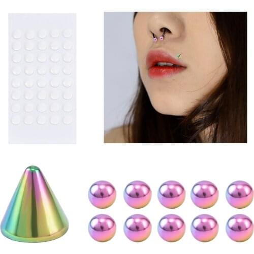 Stainless Steel Fake Piercing Set Smiley Nose Ring Lip Stud Eyebow Dimple Sticker Face Non Piercied Ball Earring Body Jewelry