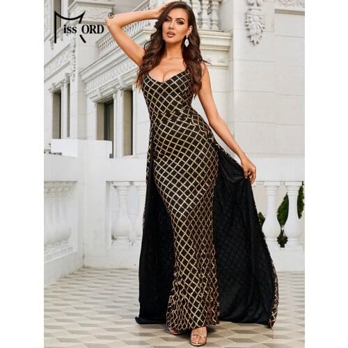 Missord 2021 Women Sexy V Neck Off Shoulder Sequin Evening Party Dresses Female Backless Elegant Maxi Geometry Dress