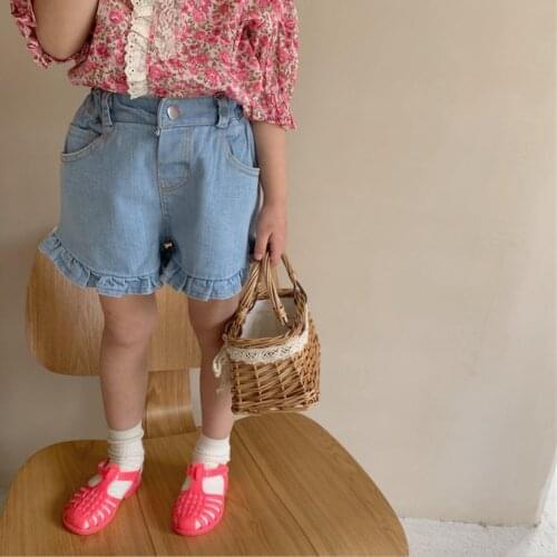 2021 new style girls boys denim ruffles shorts summer cotton linen fashion kids shorts