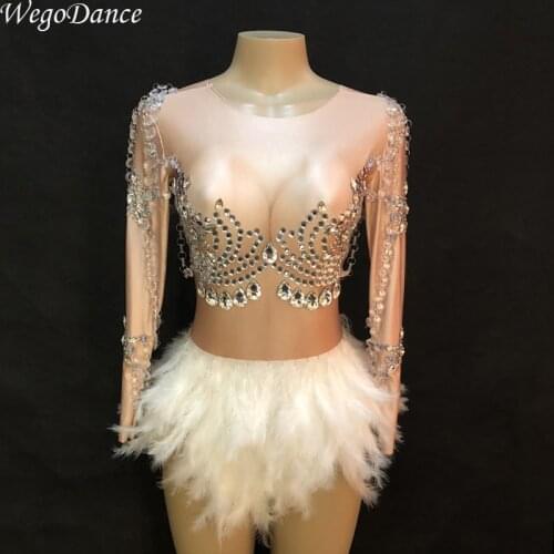 New woman Sparkling Crystals Jumpsuit White Feather dress Glass Costume Nightclub Party Sexy Skin Color Bodysuit Short