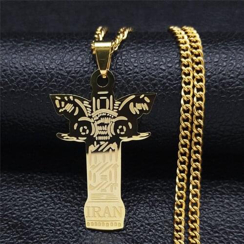 IRAN lion Cross Stainless Steel Chain Necklaces Gold Color Big Long Persian Empire Pendant Necklace Jewelry pendentif N2263S01