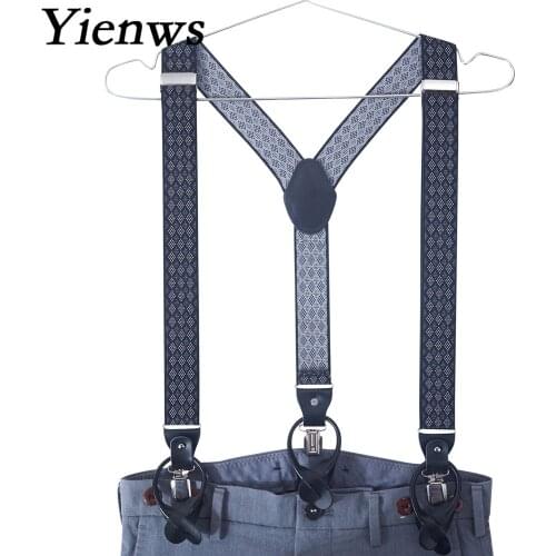 Yienws Suspenders For Men Weastern Trousers Pants Brace Strap Black Dot Leather Suspensorio 125cm Tirantes Hombre YiA021