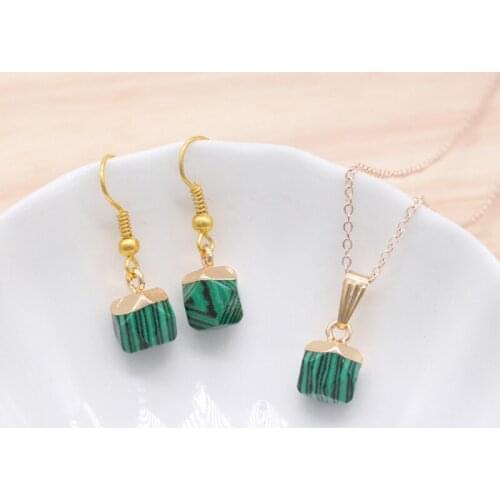 Popular Faceted Square Gemstone Pendant Necklace and Earrings Set Dubai Gold Jewelry Set for Women 11 Colors GS005