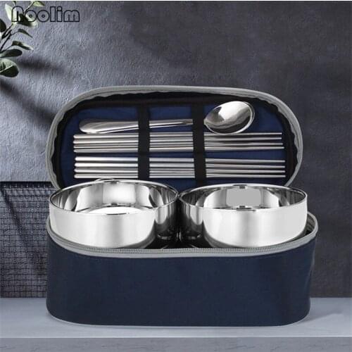 Portable Travel Barbecue Camping Stainless Steel Fruit Dessert Salad Bowl Chopsticks Soup Spoon with Bag Kitchen Tableware Set