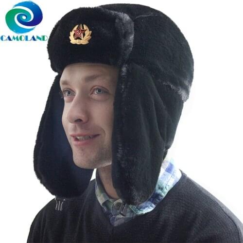 CAMOLAND Faux Rabbit Fur Earflap Caps Women Men Russian Ushanka Bomber Hat Thermal Winter Pilot Hat Soviet Trapper Trooper Hats