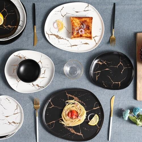 Nordic ceramic special-shaped meal plate creative matte color glaze marble golden texture western food pizza steak plate