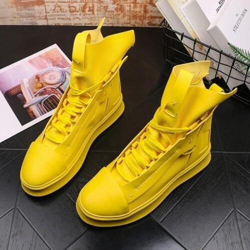 Triple comfortabl Fashion Men Yellow Casual Shoes High Top Lace Up Trending Man Leisure Shoes Platform Hip Hop Zapatos White v23