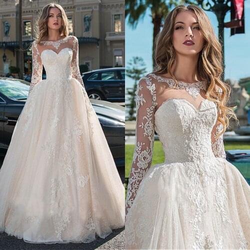 Gorgeous Illusion Sweetheart Long Sleeve Champagne Wedding Dresses Appliques Custom Made Bridal Gowns Vestidos De Noiva