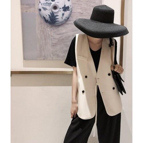 Vintage Double Breasted Asymmetric Lacing V-neck Vest Loose Casual Beige Black Sleeveless Short Blazer Waistcoat Summer 2021 New