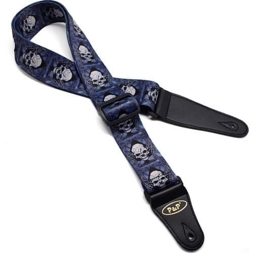 High Quality Leather End Senior Guitar Strap Terylene Polyester Printed Cool Skull Blue ghost Electric Guitar Bass Acoustic Belt