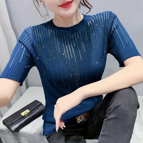 2021summer Womens knitting Hot drilling T-Shirts Short Sleeves Solid Color O Neck Women T shirt Tops