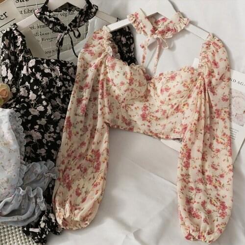 2021 Summer Vintage Y2k Tops Women Long Sleeve Flower Elegant Blouse Korean Fashion Casual Sweet Shirts Design Clothes Ladies