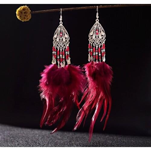2020 Bohemia Feather Long Dangle Earrings Womens Beads Earrings Brincos Bijoux Silver Color Alloy Jewelry Wedding Earrings
