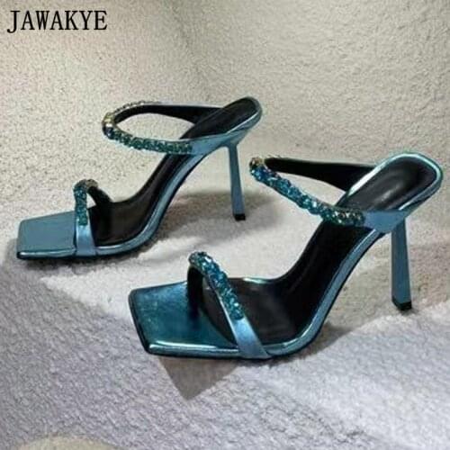 Runway T Show One Strap Women Mules Crystal Narrow Band High Heel Women Slippers Square Open Toe Diamond Studded Summer Sandals