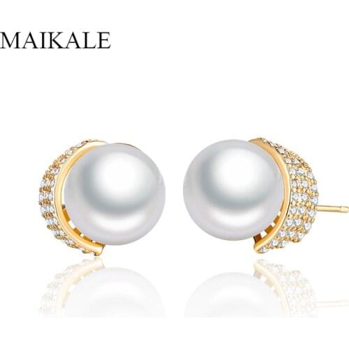 MAIKALE Luxury Pearl Stud Earrings for Women Cubic Zirconia Earrings Gold Crown Ear Studs Female Jewelry Accessories Gift