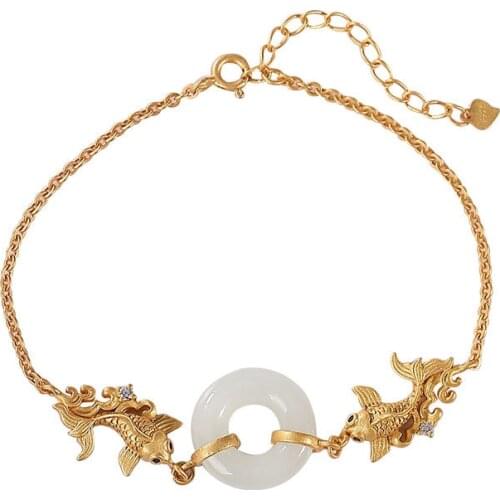 S925 sterling silver gold-plated natural Hetian jade vintage double fish carp peace buckle womens bracelet