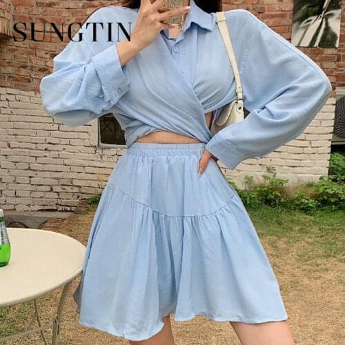 Sungtin Casual Two Pieces Set Female Bandage Hollow Long Sleeves Shirt and Elastic Pleated Mini Skirt Empire Summer Dress Sets