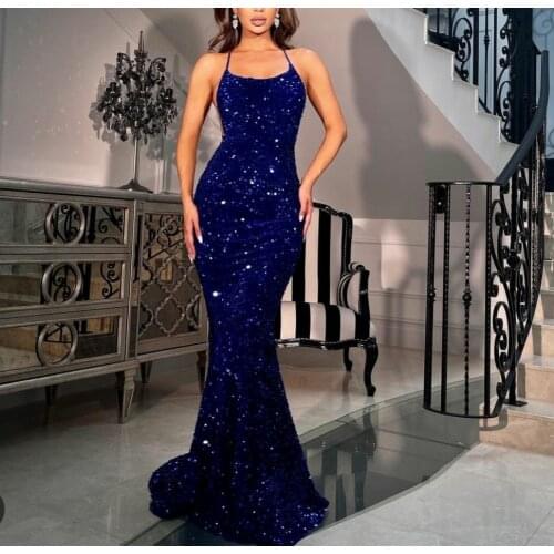 Long Mermaid Glitter Navy Blue Prom Dresses Criss Corss Back Robe De Soiree Floor Length Sequin Formal Party Gown for Women