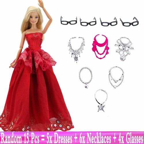 15 Pcs/Set = Random 5x Wedding Party Dresses + 6x Plastic Necklaces + 4x Black Glasses Cool Clothes for Barbie Doll Accessories