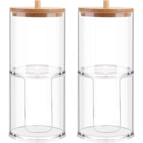 2PCS Cosmetic Cotton Storage Tank Acrylic Cosmetic Storage Box with Bamboo Cover Portable Container