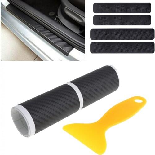 3D Black 4 Pcs Durable Carbon Fiber Car Doorsill Scratch Strip Anti Kick Protective Pad Sticker with Small Scraper