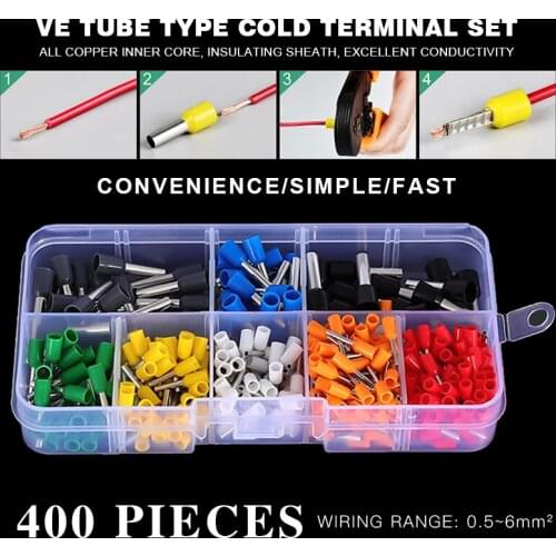 400pcs/set 0.5-6mm2 Insulated Cord Pin End Terminal Ferrules Kit Wire Copper Crimp Connector