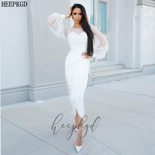 White Long Sleeves Saudi Arabic Evening Dress Tea Length Sheath Tulle Pearls Graceful Prom Party Dresses Plus Size Women Gowns