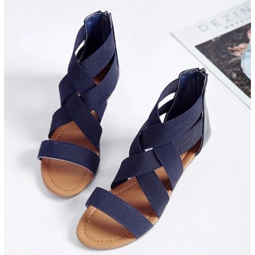 Summer Ladies Rome Shoes Women Sandals Cross Elastic Strap Back Zipper Fashion Open Toe Low Heel Sandal For Girls Big Size Retro