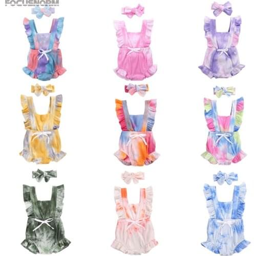 FOCUSNORM 9 Colors Tie-Dye Printed Baby Girls Boys Rompers Ruffles Short Sleeve Bowknot Holiday Jumpsuits Headband