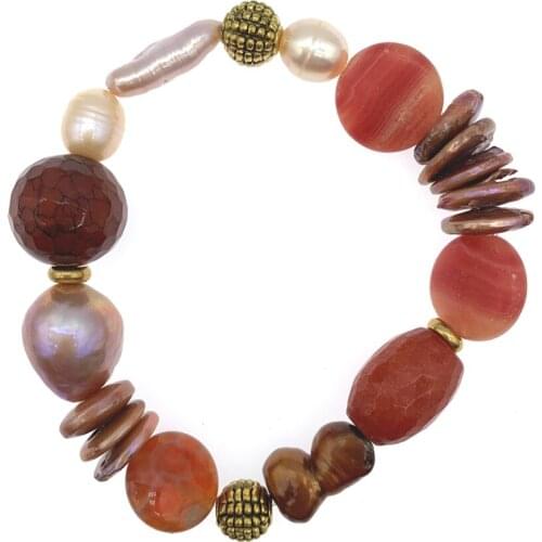 FoLisaUnique Baroque Pearls Agate Bracelet Rondelle Coin Pearls Antique Gold Plated Beads Stretchy For Women Gift 7.5 Inch