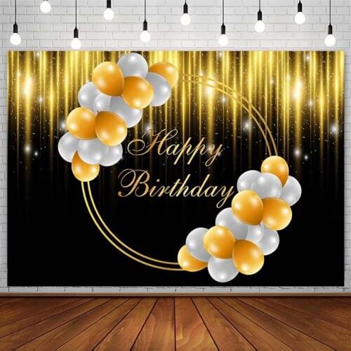 Happy Birthday Party Backdrop Black Gold Balloon Shiny Child Adult Photography Background Photo Studio Photocall Photozone Decor