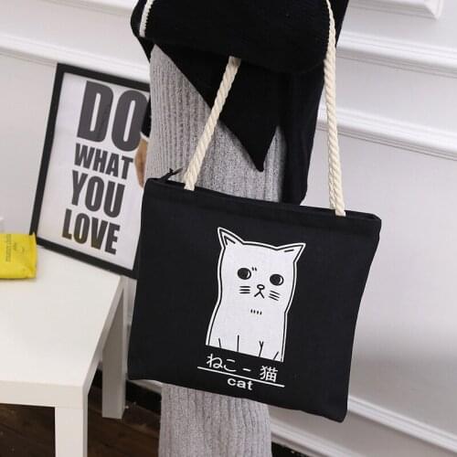 Womens Canvas Cat Tote Bags Students Shoulder Cotton Cloth Shopping Bag Eco Foldable Shopper Bag Female Handbag for Girls