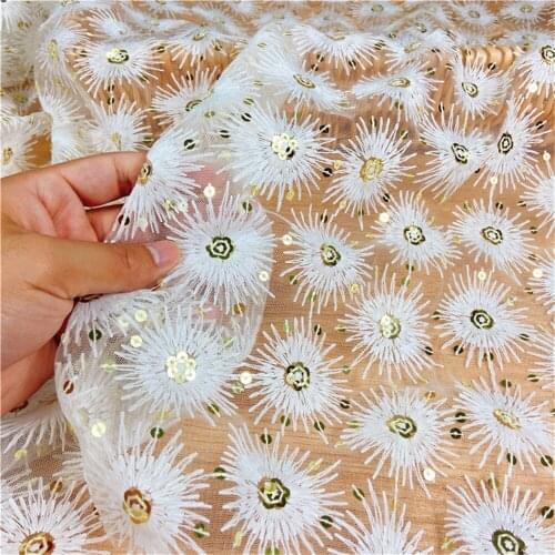Ivory White With Gold Sequins Lace Fabric Embroidered Flower Shiny DIY Wedding Dress Sewing Accessories