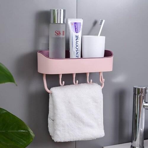 Kitchen Organizer Bathroom Storage Rack Shampoo Soap Towel Holder Wall Mounted Punch Free Shower Corner Shelf With 4 Hooks