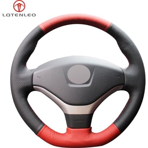 LQTENLEO Red Black Genuine Leather DIY Hand-stitched Car Steering Wheel Cover For Peugeot 308 2012-2015 408 2013