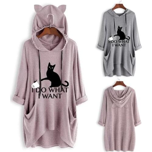 Womail Top T-Shirt Women Casual Print Cat Ear Hooded T-Shirt Long Sleeves Pocket Irregular Fashion New Top Femme