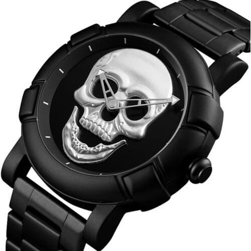 Cacual Quartz Watch Men 3D Skull Head Pattern Black Gold Stainless Steel Steampunk Rock Engraved Cool Mexico Man reloj hombre