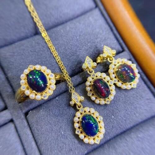 New Arrival Opal Set 100% Natural And Real Black Opal Set 925 sterling silver 1pc pendant,1pc ring,2pcs Earring