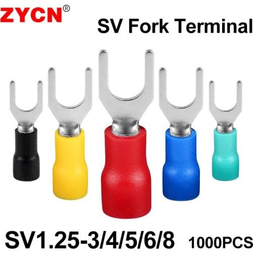 1000pcs SV Crimp Terminal Spade Fork Connector SV1.25-3 Wire Copper Electrical Insulated Cord Pin End 1.25-4S