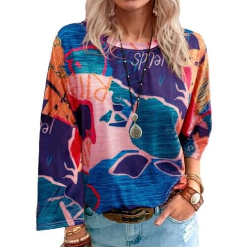 Autumn Women Tops T-shirt Map Print All Match Ethnic Style O Neck Long Sleeve Tops Summer Autumn Streetwear Party